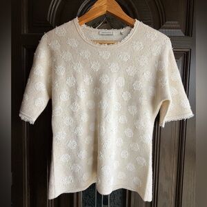 Rebecca Taylor Jacquard Short Sleeve Sweater – Cream/White | Size Medium